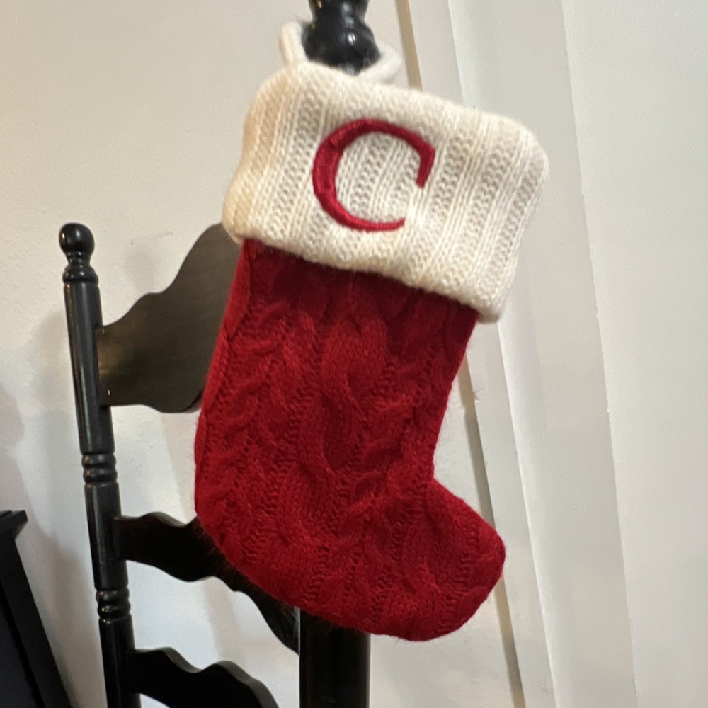 Red White Cable Knit Christmas Stocking Monogram C Acrylic 16 Inch Decorative